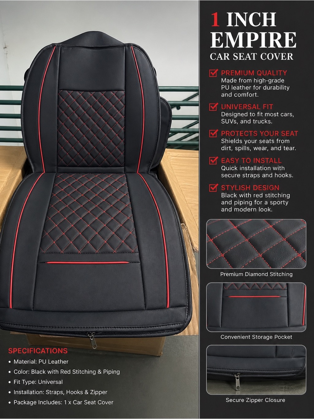 Luxury Universal Car Seat Cover – Black with Red Stitching